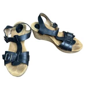 Clarks Artisan Sandal Women's 10M Black Strap Leather Cork Wedge Heel Shoe 63925
